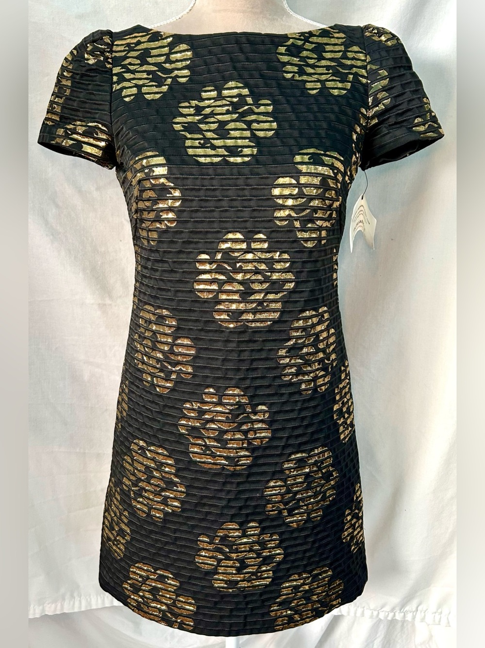 Milly Black, Metallic Gold Floral Textured Cocktail Shift Dress, Size 2